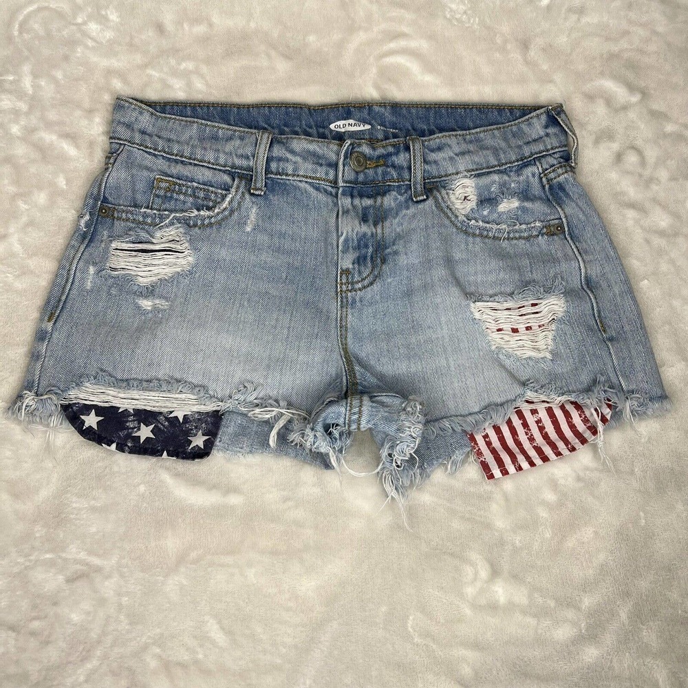 Old Navy Boyfriend Blue Stars & Stripes Mid Rise Cut-Off Denim Jean Shorts Sz 0 - Picture 10 of 10